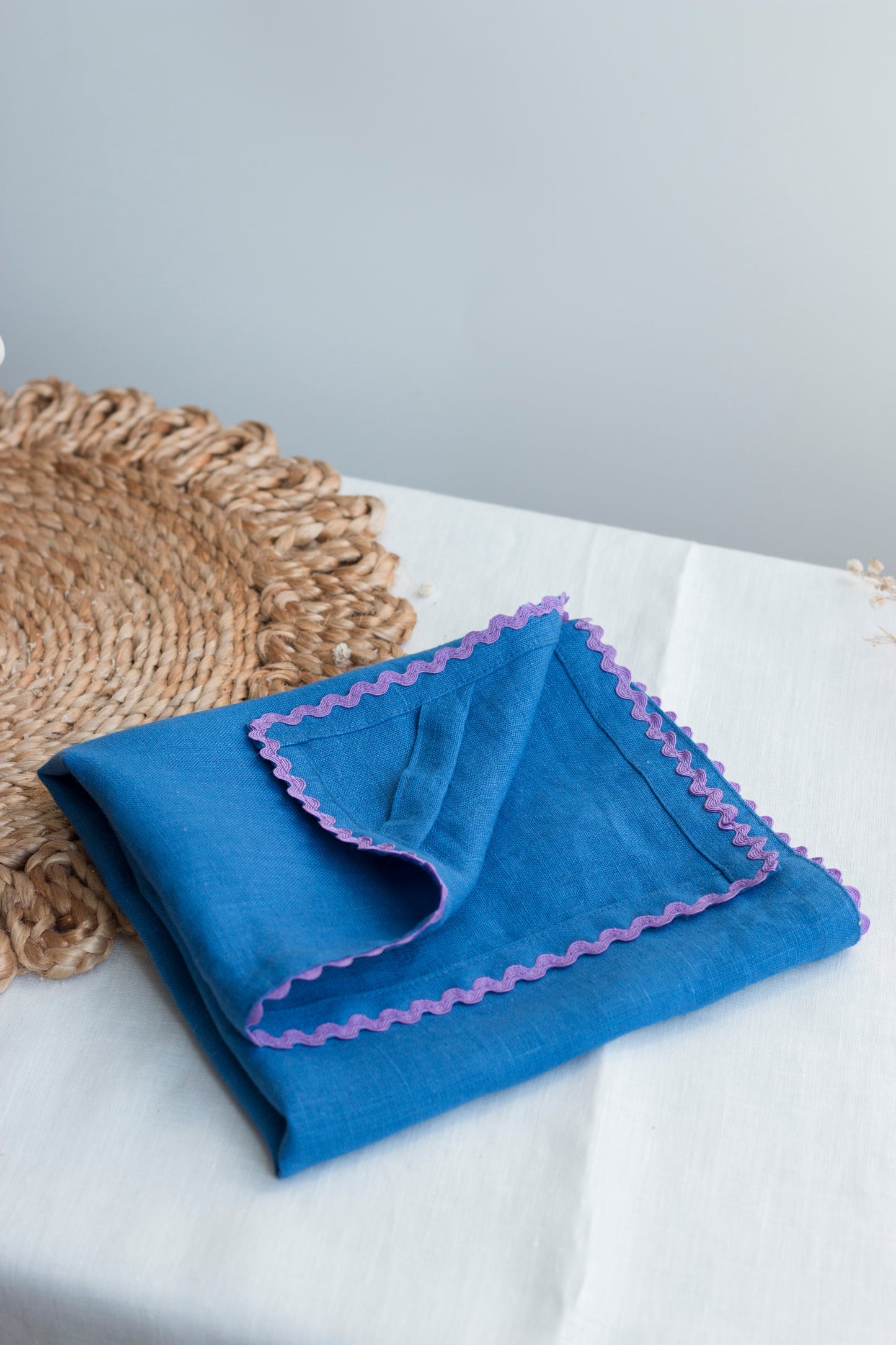 Royal Blue Linen Kitchen Towel With Purple Rick-Rack Trim