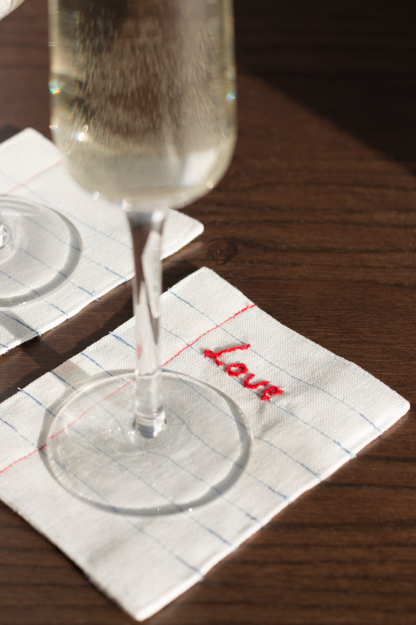 Love Note linen coasters set of 2 with hand embroidery