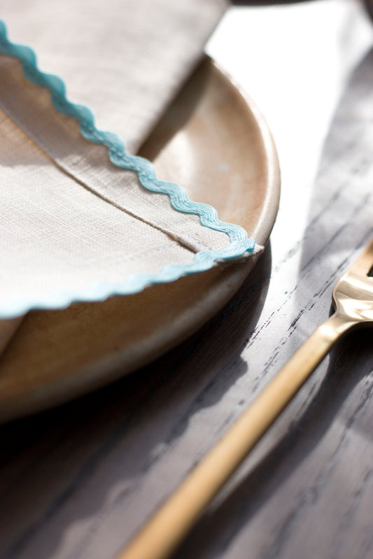 Set of 2 Ivory Linen Napkins With Baby Blue Ric Rac Trim