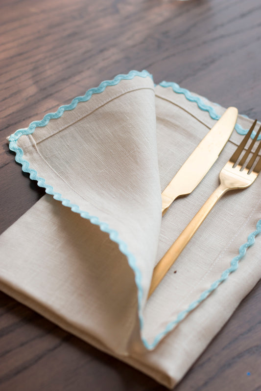Set of 2 Ivory Linen Napkins With Baby Blue Ric Rac Trim
