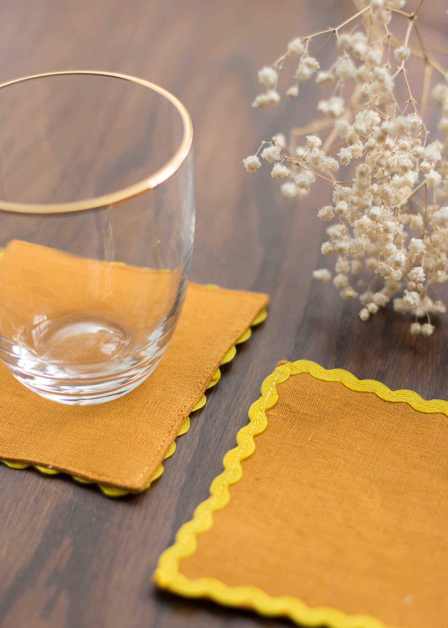 Orange Sand Linen Coasters With Yellow Rick Rack Trim