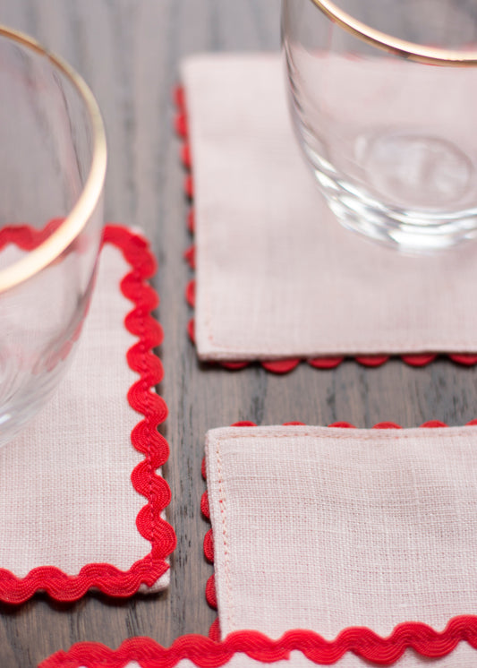 Pink Linen Coasters With Red Rick Rack Trim