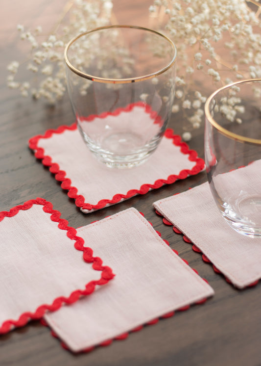 Pink Linen Coasters With Red Ric Rac Trim
