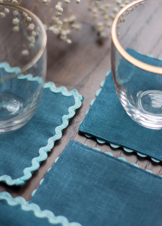Navy Linen Coasters With Blue Ric Rac Trim