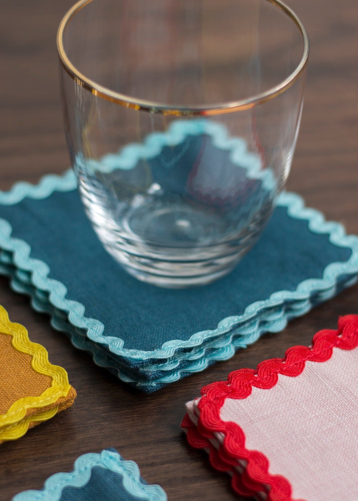 Navy Linen Coasters With Blue Rick Rack Trim