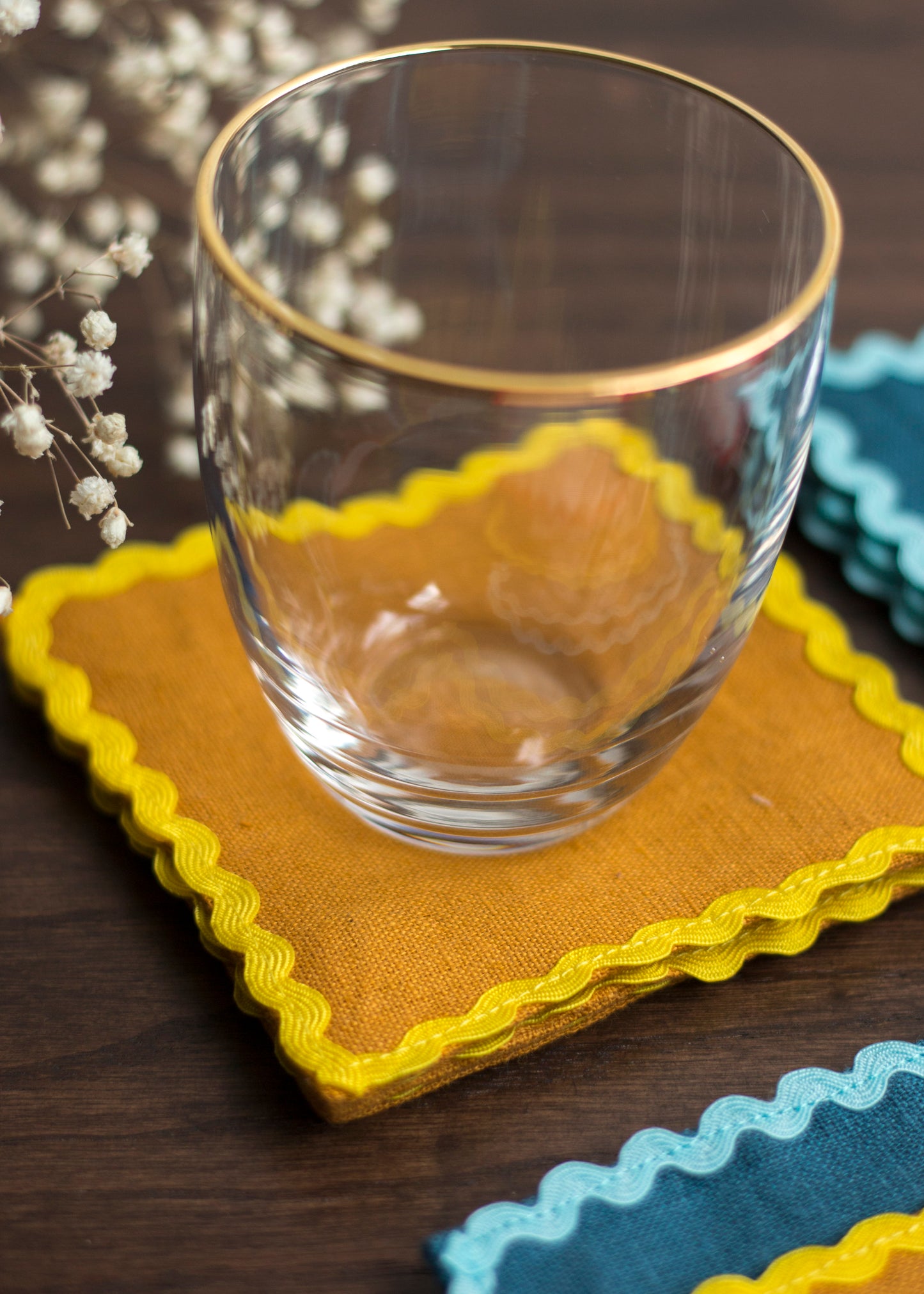 Orange Sand Linen Coasters With Yellow Rick Rack Trim