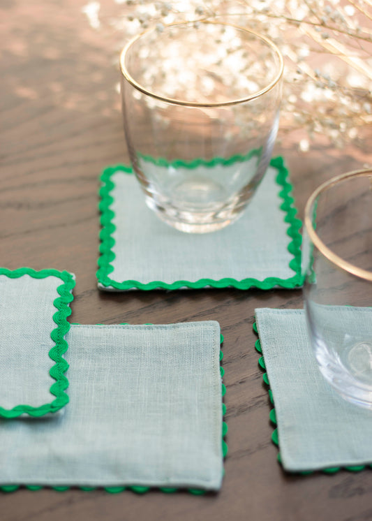 Dusty Blue Linen Coasters with Green Ric Rac Trim