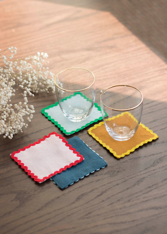 Mixed Linen Coasters With Multicolor Ric Rac Trim