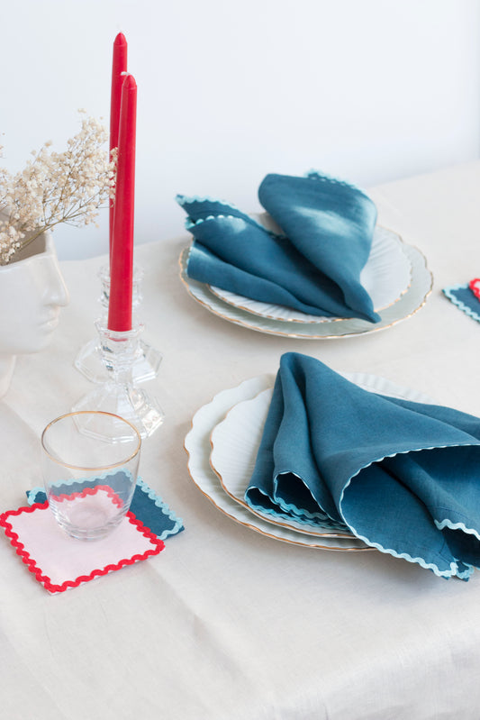 Set of 2 Deep Ocean Linen Napkins With Blue Ric Rac Trim