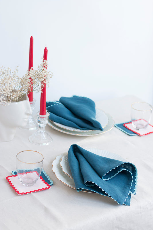 Set of 2 Deep Ocean Linen Napkins With Blue Ric Rac Trim