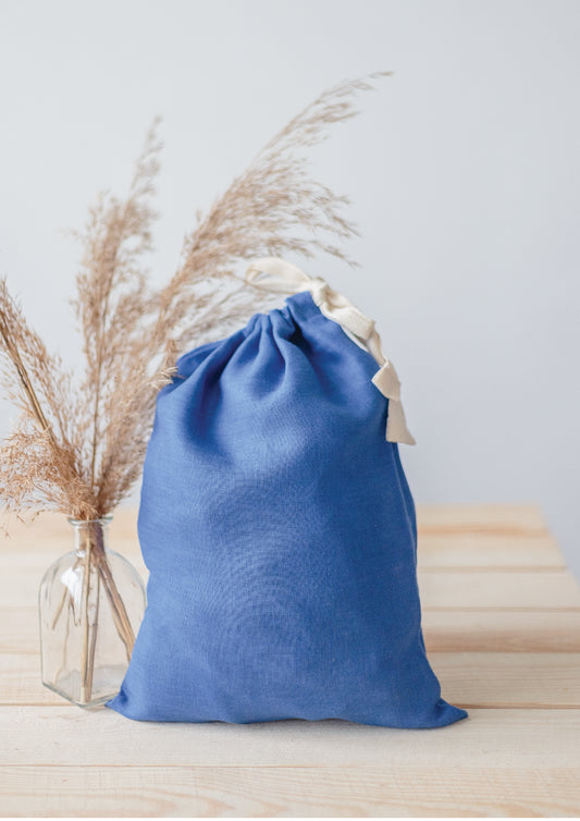 Royal Blue Linen Drawstring Storage Bag