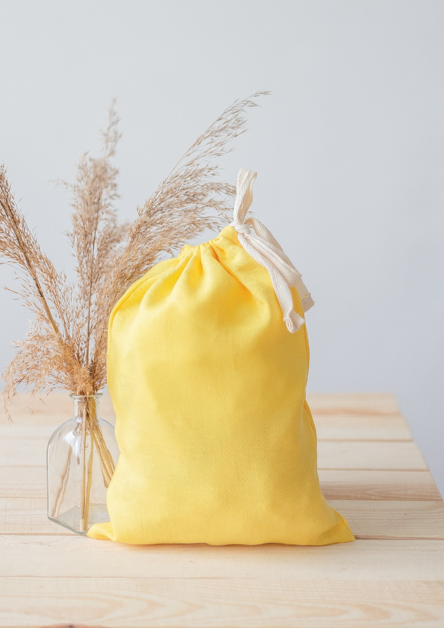 Lemon Yellow Linen Drawstring Storage Bag