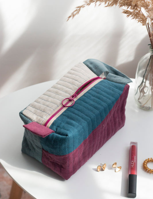 Linen Quilted Pouch (Wine Blue)