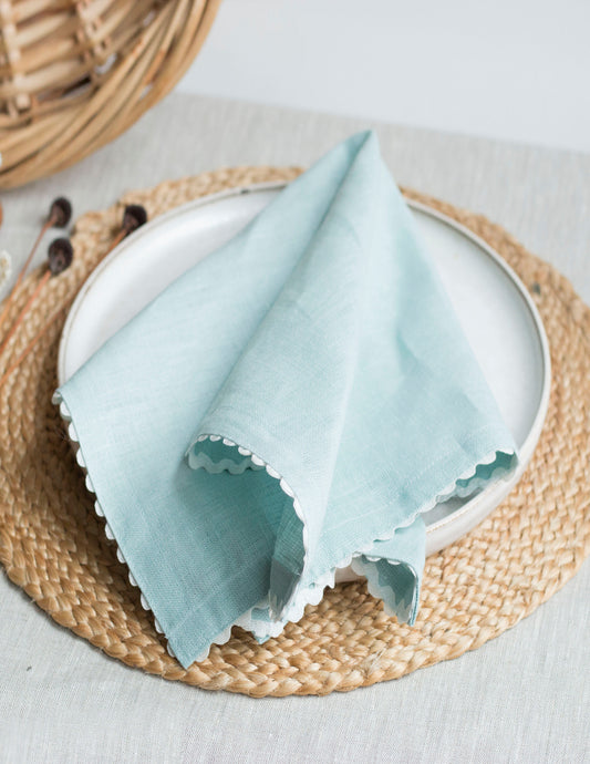 Set of 2 Blue  Linen Napkins With White Rick-Rack Trim