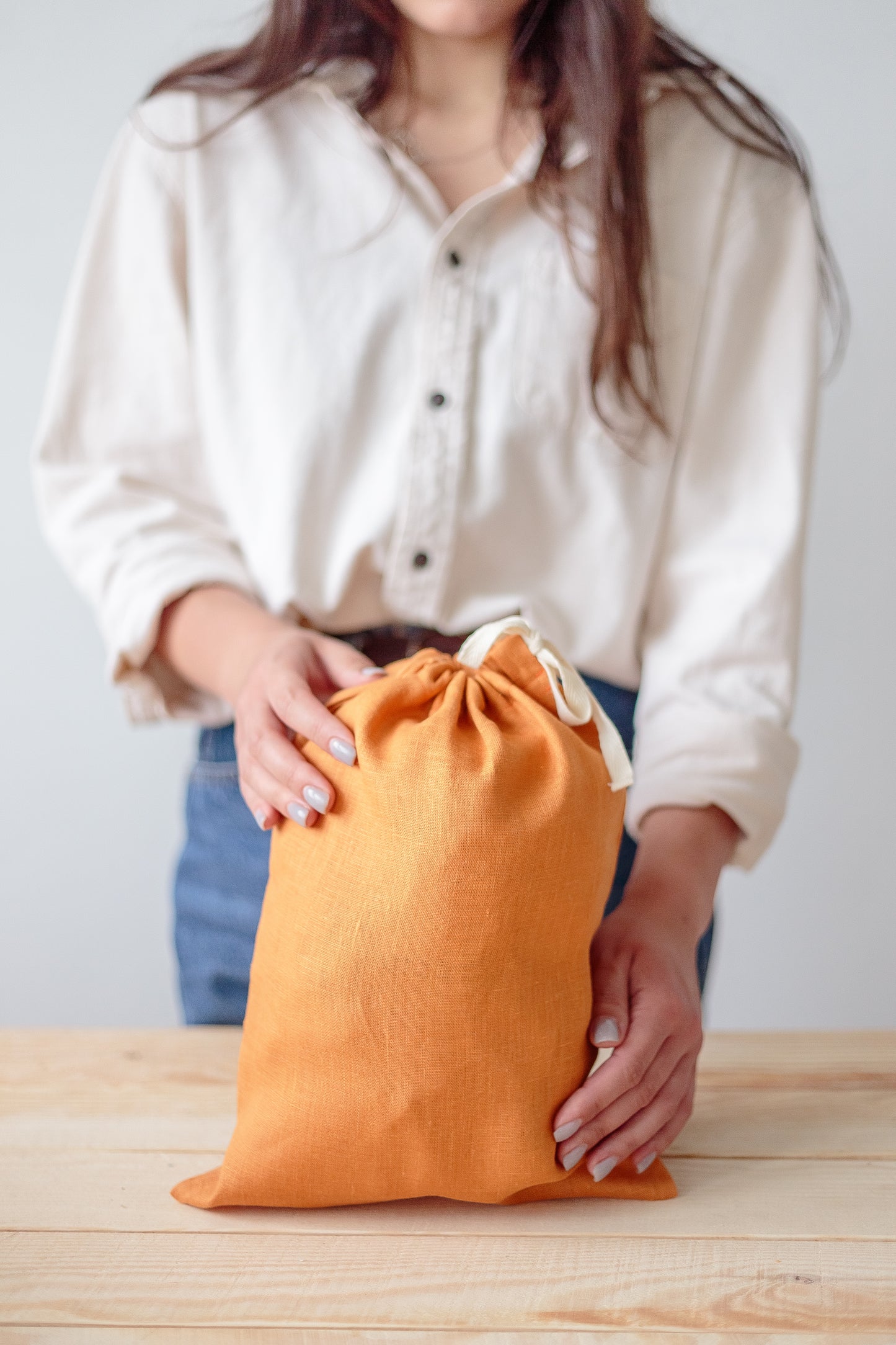 Apricot Orange Linen Drawstring Storage Bag