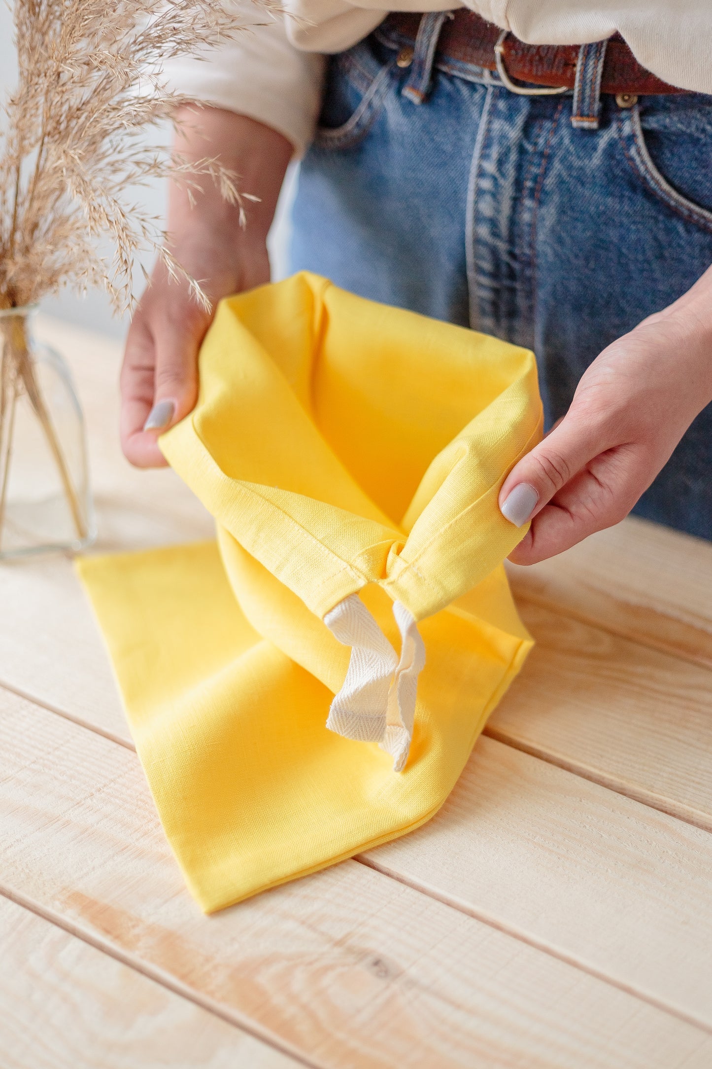 Lemon Yellow Linen Drawstring Storage Bag