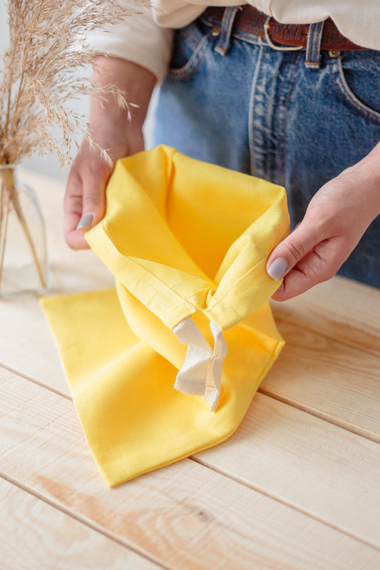 Lemon Yellow Linen Drawstring Storage Bag