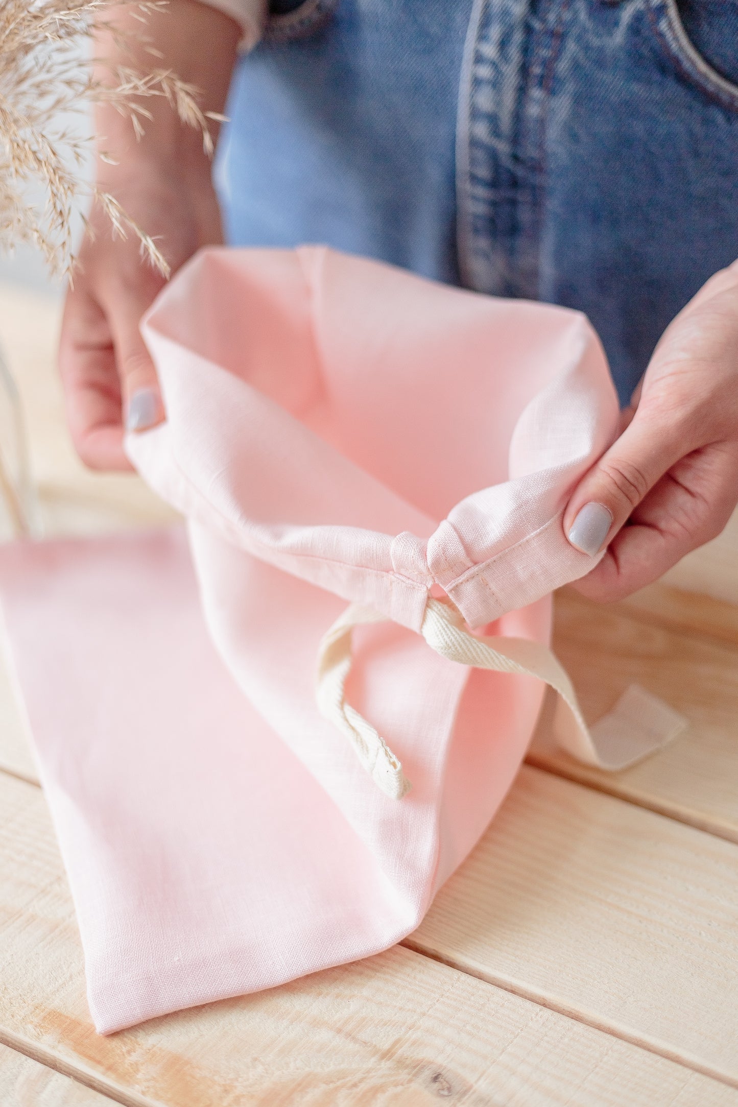 Powder Pink Linen Drawstring Storage Bag