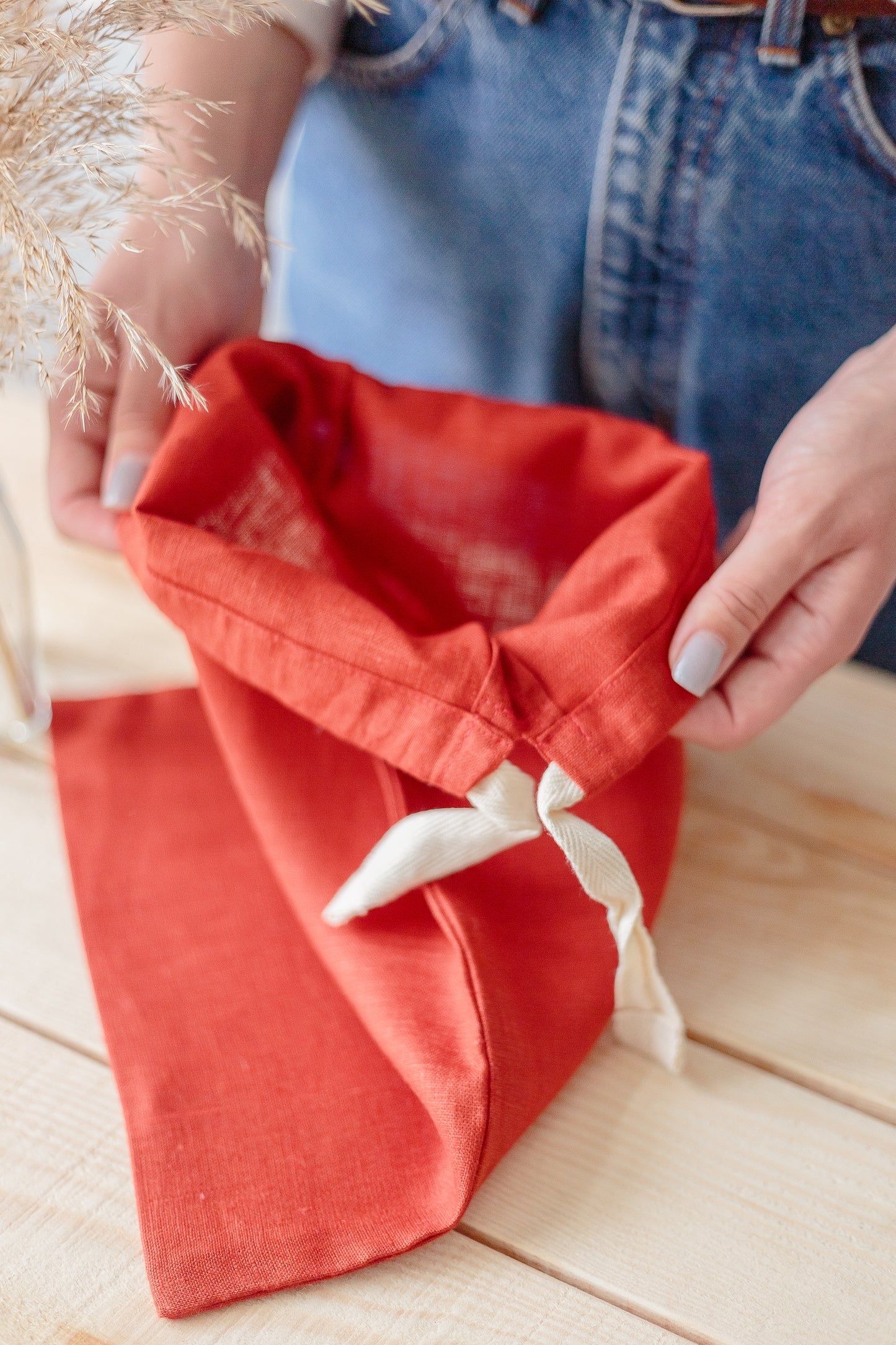 Barn Red Linen Drawstring Storage Bag