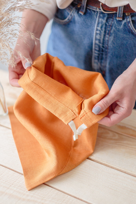 Apricot Orange Linen Drawstring Storage Bag