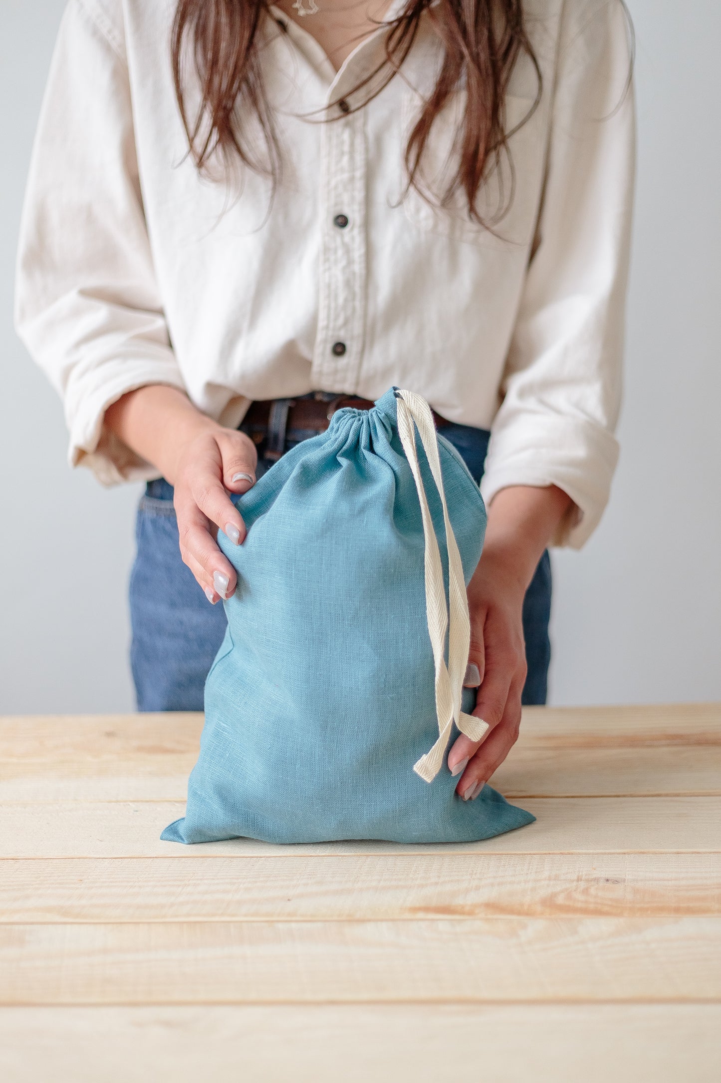 Turquoise Blue Linen Drawstring Storage Bag