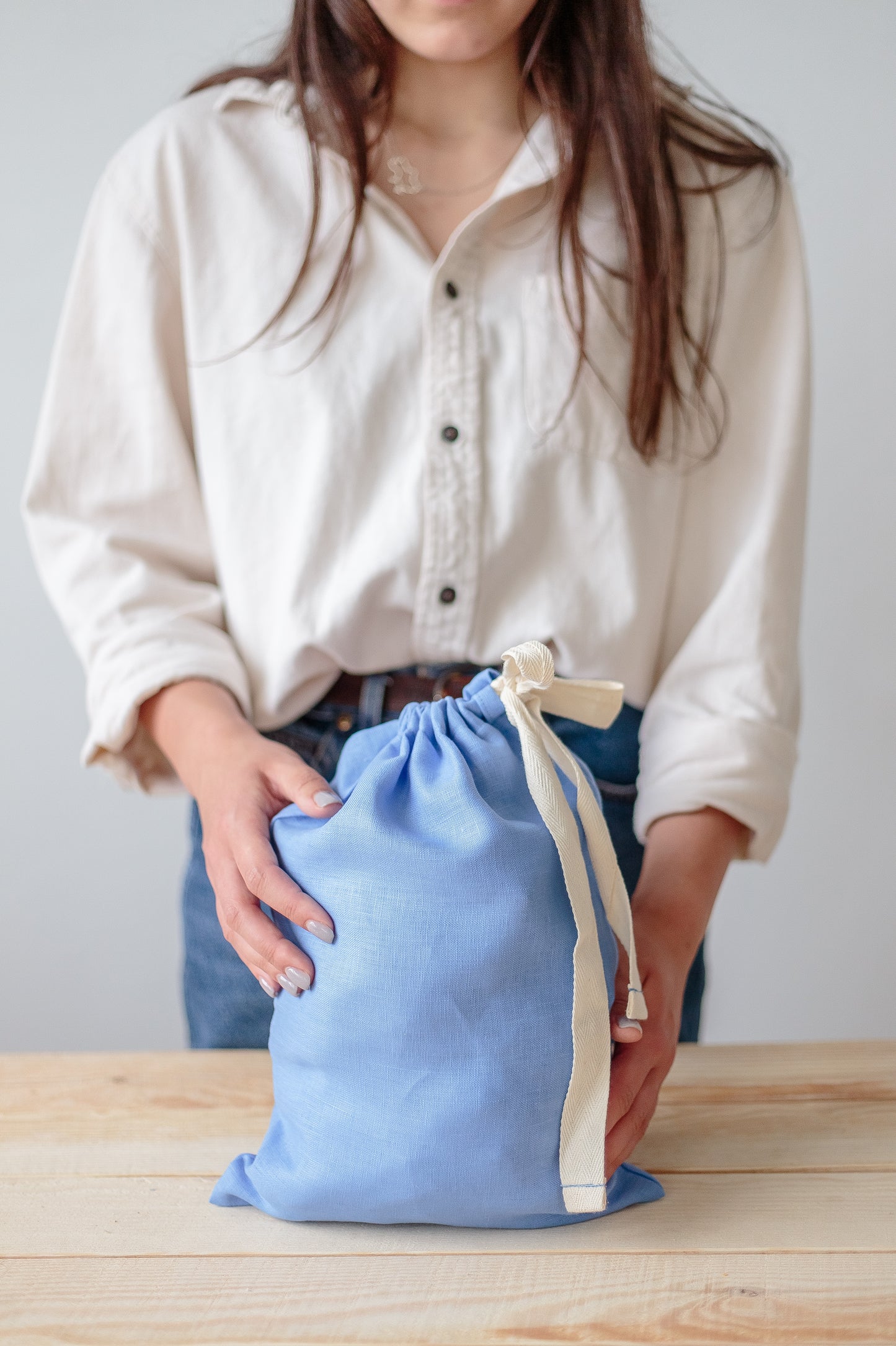 Cornflower Linen Drawstring Storage Bag