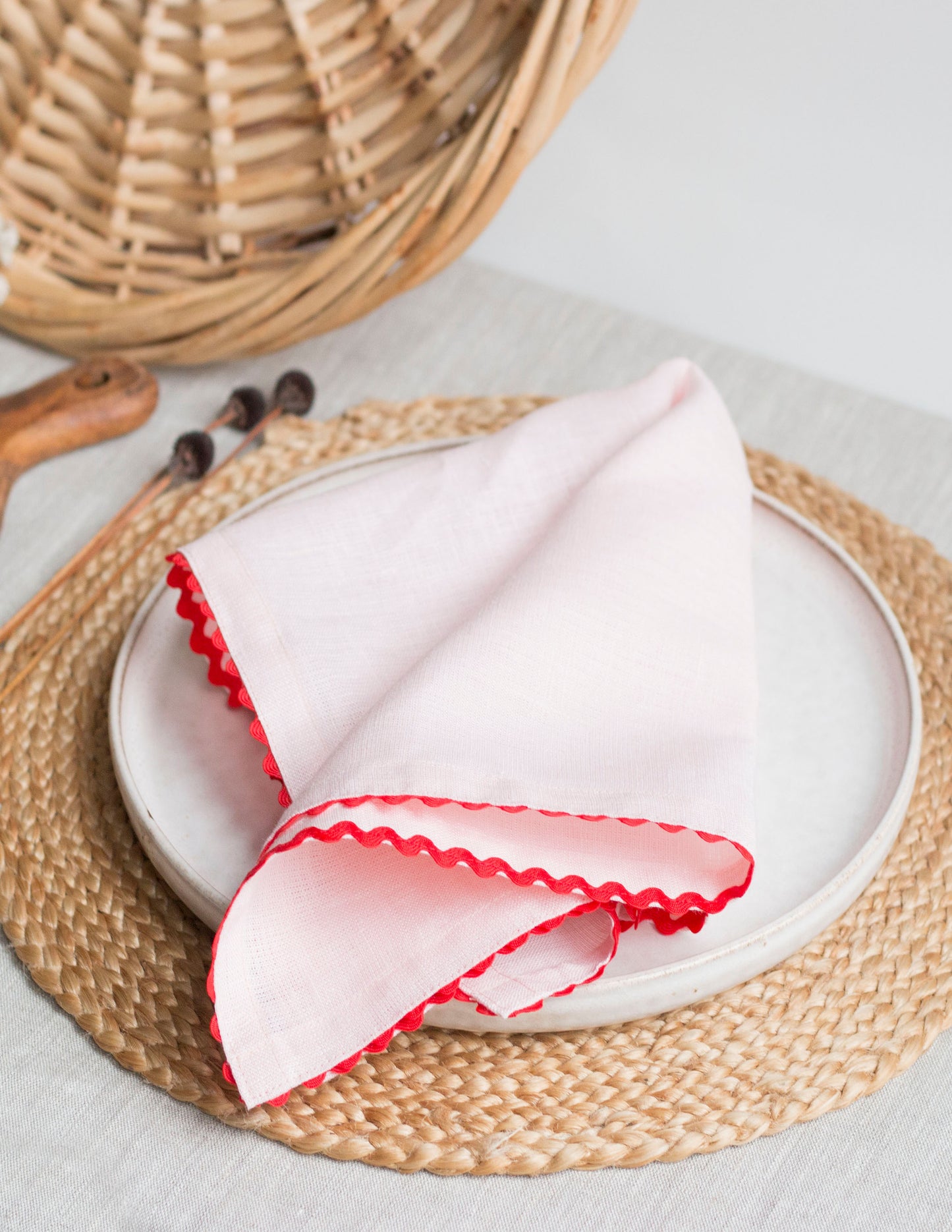 Set of 2 Pink Linen Napkins With Red Rick-Rack Trim