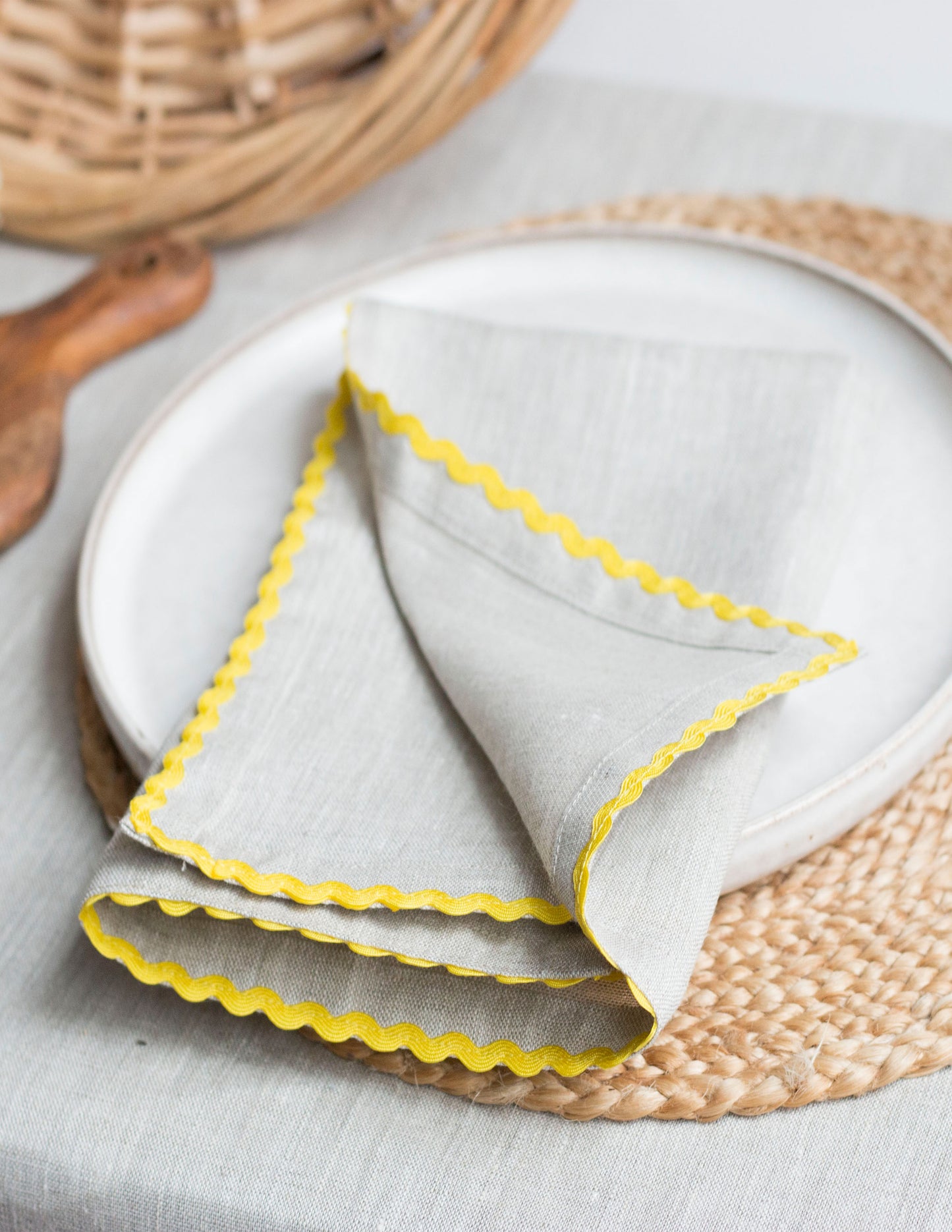 Set of 2 Natural Linen Napkins With Yellow Rick-Rack Trim