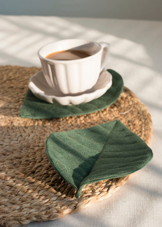 Linen Green Leaf Coaster Set of 2