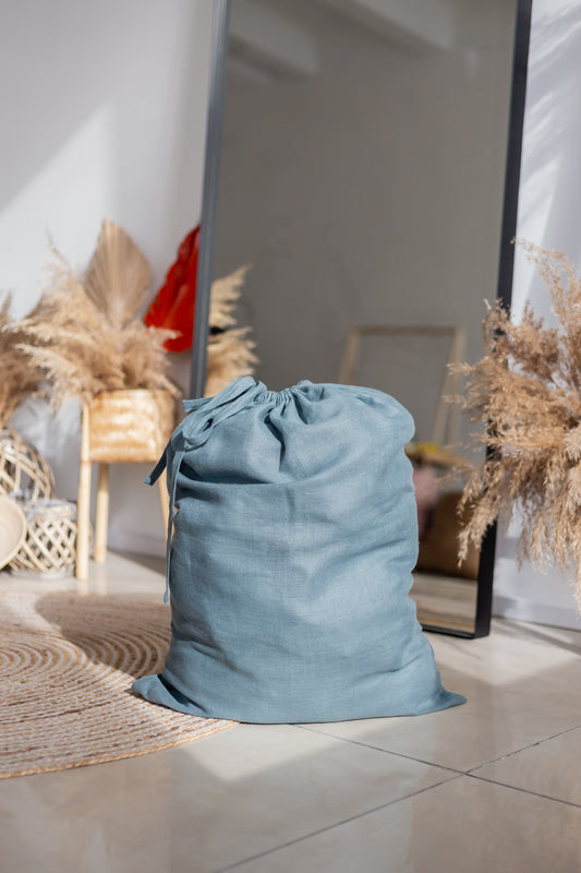 Blue Grey Linen laundry bag with drawstring closure 