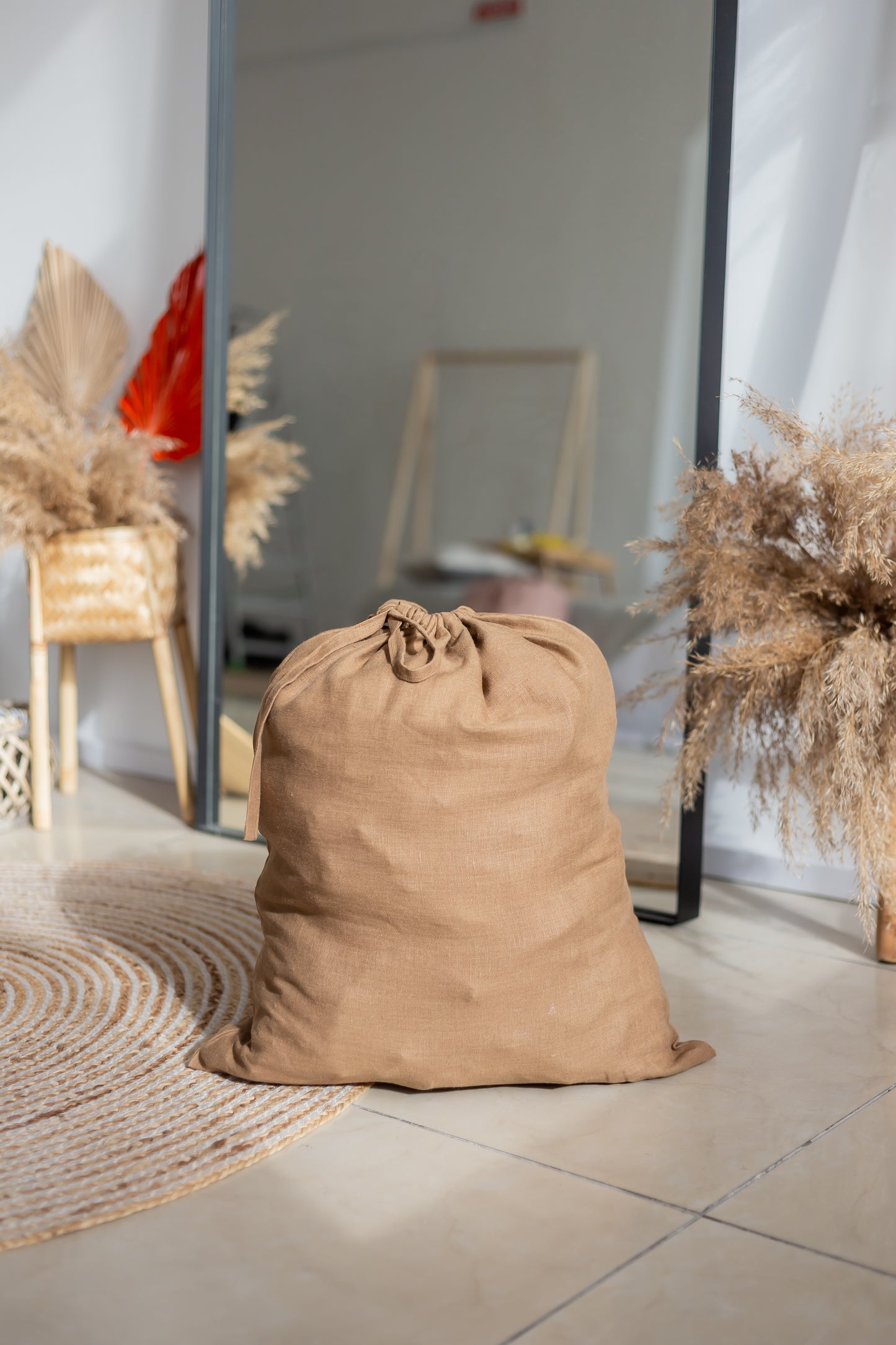 Caramel Brown Linen Laundry Bag with hanging tab