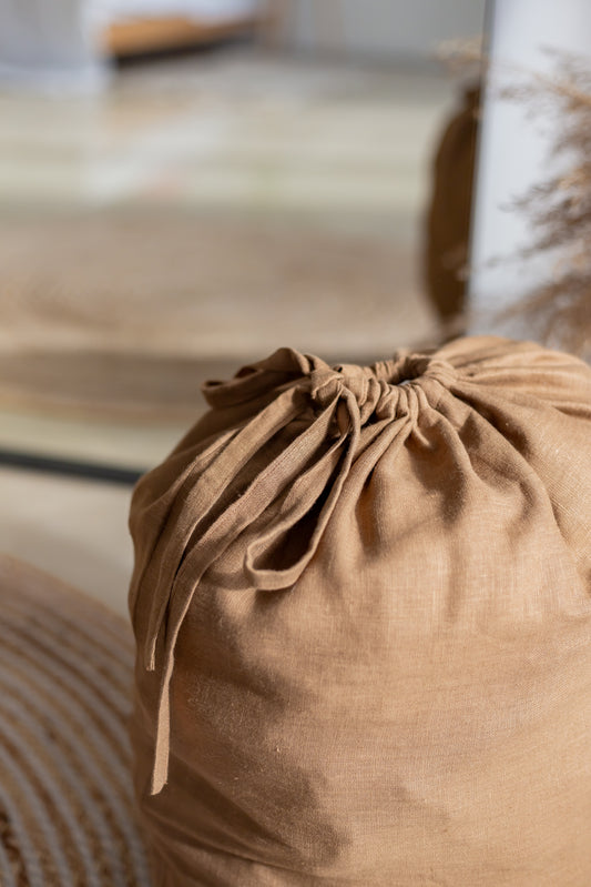 Caramel Brown Linen Laundry Bag with hanging tab