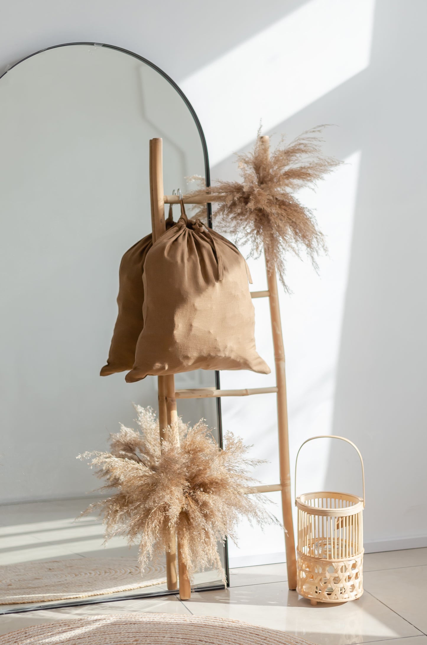 Caramel Brown Linen Laundry Bag with hanging tab