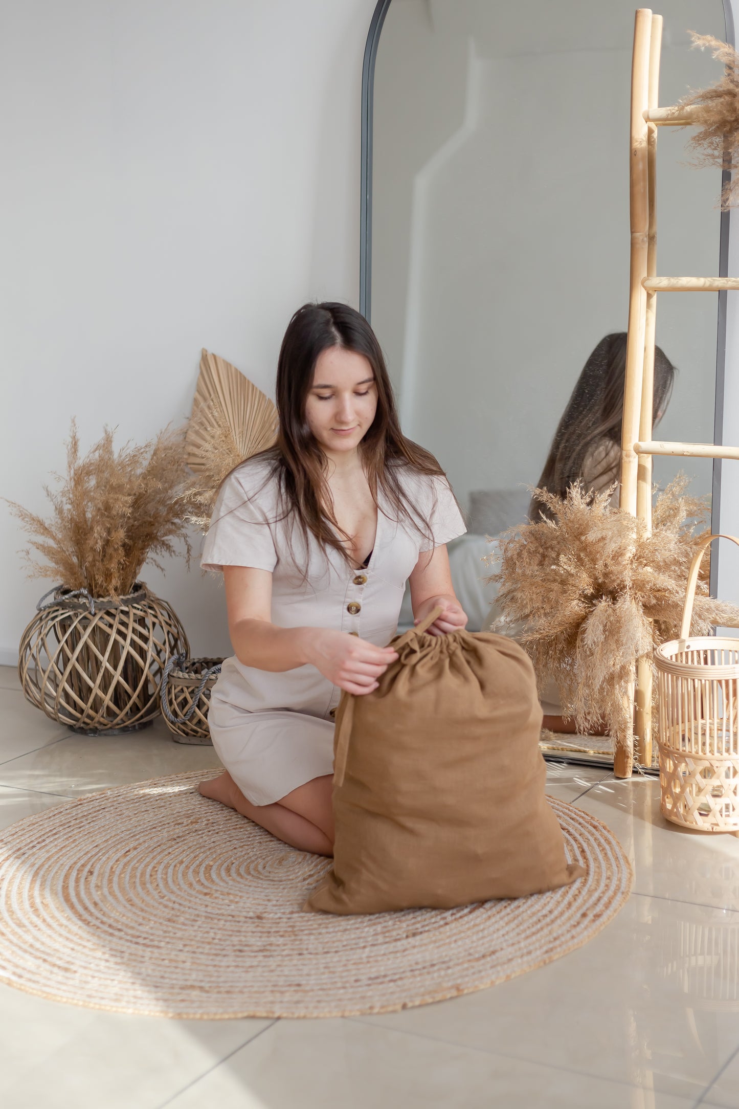 Caramel Brown Linen Laundry Bag with hanging tab